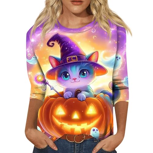 Cute Funny Halloween Shirts for Women Plus Size 3/4 Length Long Sleeve Womens Tops Witch Gothic Renaissance Shirt