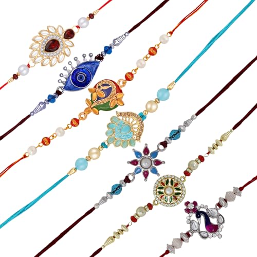 Image of Mahi Combo Set of 7 Beautiful Rakhi for Brother, Bhai, Bhaiya with Meenakari Work (PARCSO1105439PR)