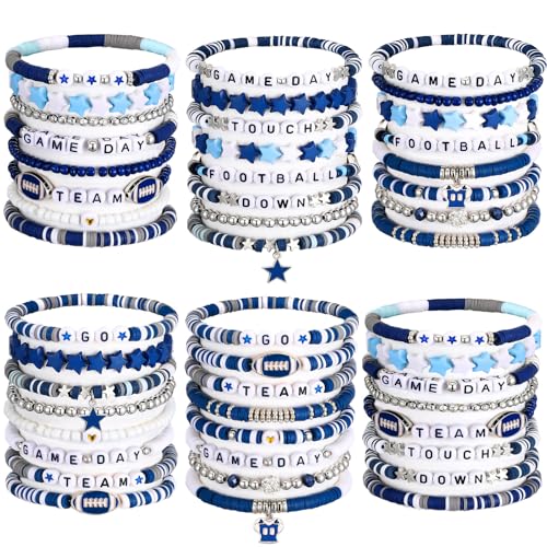 48 Pcs Game Day Football Charm Bracelets Football Mom Game Day Accessories Cheer Mom Blue Team Gifts Heishi Beaded Stack Bracelet Friendship Stackable Stretch Jewelry Outfit for Fans Women Men