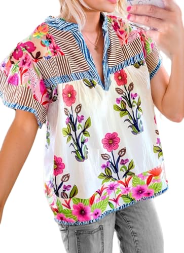 Women Floral Patchwork Short Sleeve Shirt Boho Flutter Sleeve V Neck Peplum Blouse Tops Summer Y2k Babydoll Tank Top