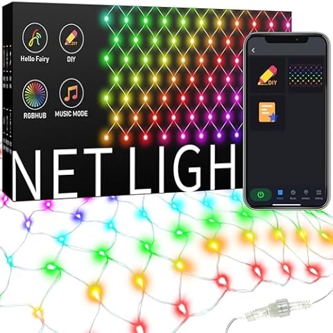 Aoycocr Smart RGB Net Lights Outdoor, Waterproof 4x6FT 150LED Christmas Mesh Lights, Customizable Bluetooth APP Control for Valentine’s Holiday Party Bush Tree Decorations Connectable Timer Function Cover
