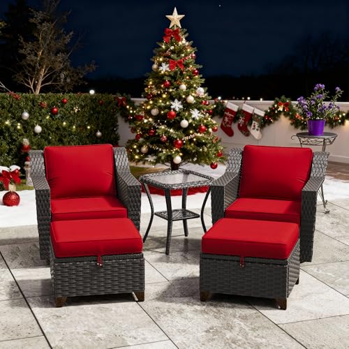 Image of 5 Pieces Patio Conversation Furniture Set - Swivel Chairs with Ottomans Set of 2, 1 Side Table, Outdoor Wicker Furniture Set with Washable Cushions for Porch, Balcony, Sunroom (Red) | Patio Chair Set with Olefin Removable Cushion, All-Weather Glider Swivel Chair Set with Deep Seat for Porch, Deck, Red