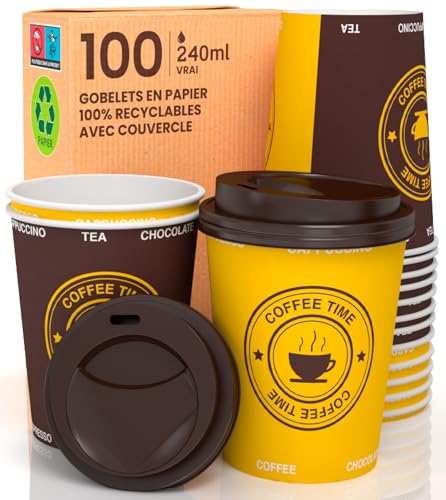 100 Gobelets en Carton avec Couvercles pour Emporter, 240ml, Écologiques, Biodégradables et Jetables, Boissons Froides, Chaudes, Café, CAPPUCCINO