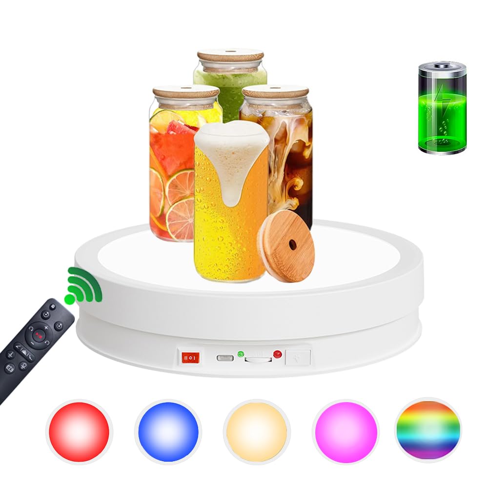 JAYEGT Base de luz LED antideslizante giratoria, carga de 66 libras, inalámbrico, tocadiscos de fotografía de 360 grados para obras de arte esféricas de cristal de vidrio, ferias de productos, joyas,