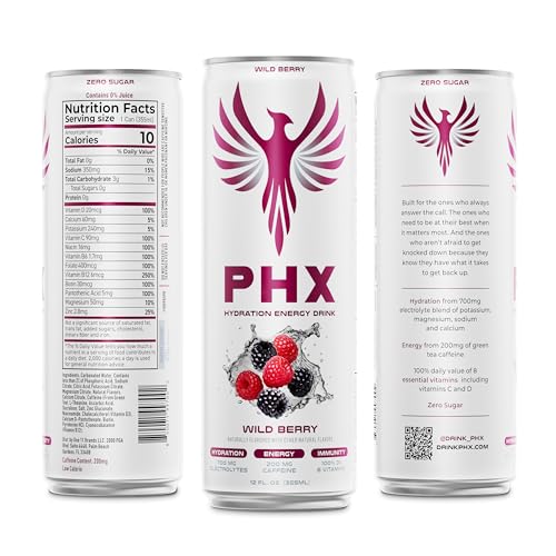 Image of PHX Hydration Energy Drink - 700mg Electrolytes, 200mg Natural Green Tea Caffeine, 100% Daily Value 8 Essential Vitamins - 12 oz Cans (12 Pack, Wild Berry)
