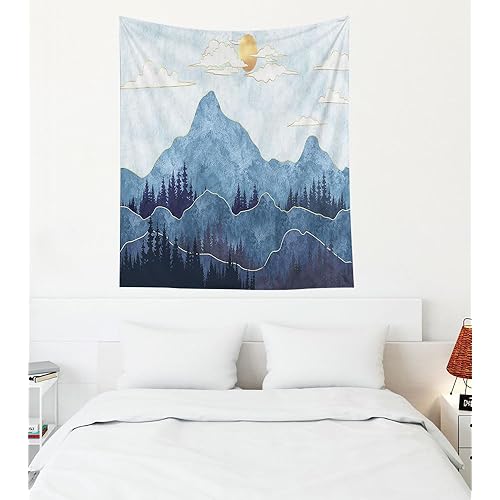 EMMTEEY Mountain Wall Tapestry - Mountains Trees With Gold Sun 50X60 Vertical Hanging for Christmas Backdrops, Photography, Bedroom Decor Aesthetic