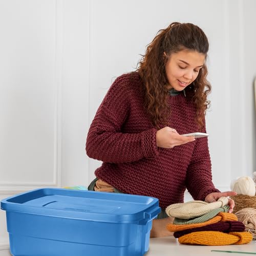 Image of Rubbermaid Roughneck Tote 10 Gal, 6 Pack, Made in USA, Heritage Blue, Rugged Plastic Stackable Storage Bins with Lids and Handles