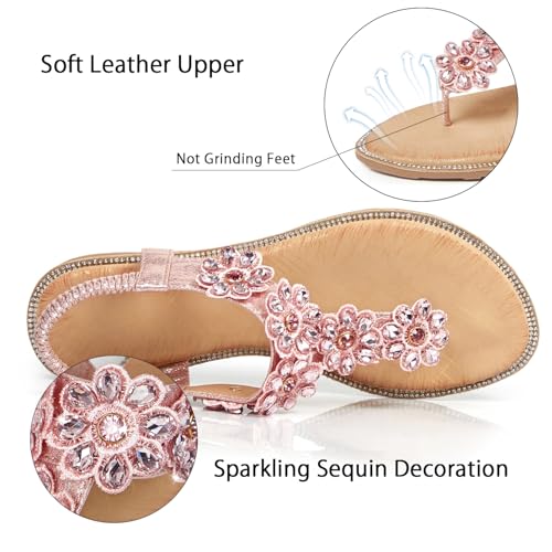 Image of iCKER Women Flat Thong Sandals Rhinestone Sparkly Boho Elastic Ankle Strap | Elastic ankle strap,non‑slip,matches summer dresses,for vacation,wedding,evening and festival