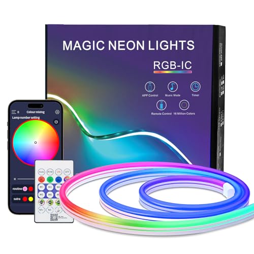 Neon LED Strip 1m, IP67 Wasserdicht RGB LED Band Neon Seil Lampe mit App und Fernbedienung Steuerung, DIY-Formen, Musik Sync für Wohnzimmer, Schlafzimmer, Wand Deko, Gaming Deko