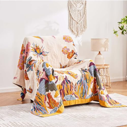 Image of XIBLC Boho Throw Blanket, 100% Cotton Ultra Soft Luxury Throw Rustic Quilt, 60 inchx80 inch Floral Bird Butterfly Farmhouse Decor Bed Blankets, All Season Rustic Reversible Bohemian Throw for Bed - Yellow