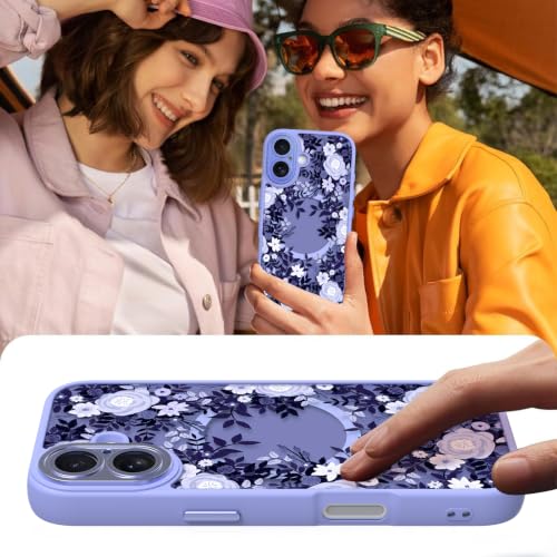 Image of Magnetic for iPhone 17 Case for Women Girls, Purple Floral | Cute Flower Pattern Design [Compatible with MagSafe] [Full Camera Protection] Slim Shockproof Translucent Matte Cover