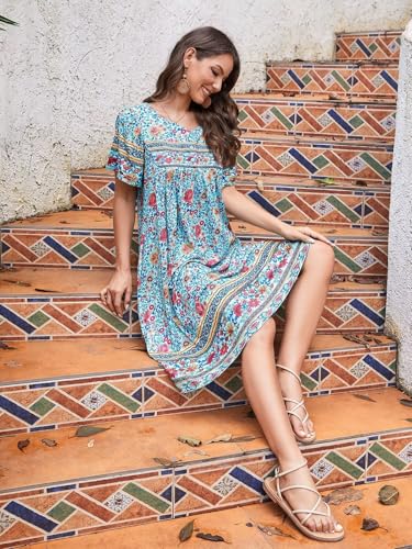 Womens Nightgown Short Sleeve House Dress with Pockets-Floral Print Mumu Dress S-3XL4