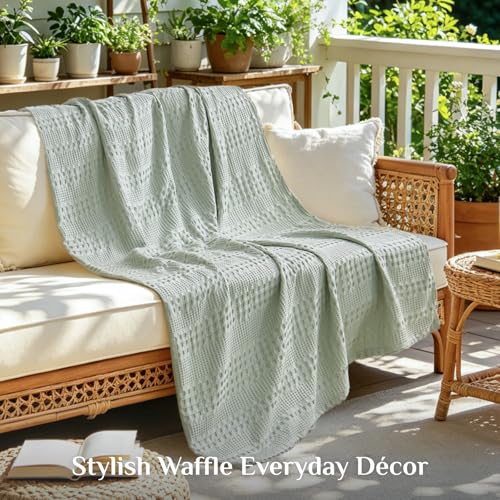 Image of BEDELITE Cooling Waffle Twin XL Blanket - Lightweight Breathable Cotton Summer Blanket of Rayon Derived from Bamboo for Hot Sleepers, Soft Throws for Bed, Couch and Sofa, Sage Green, 66x90 Inches