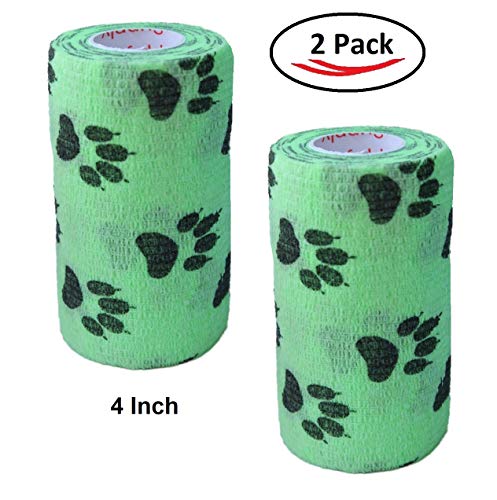 Image of Vet Wrap Wrap Tape (Green with Paw Prints) (2 Pack) (4 Inch x 15 feet) Self Adhesive Adherent Adhering Cohesive Flex Self Stick Bandage Grip Roll Dog Cat Pet Horse