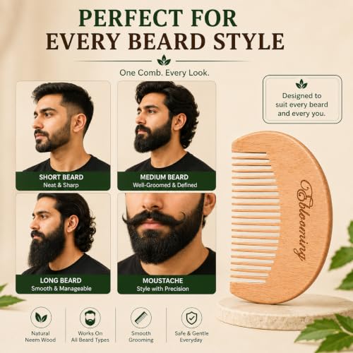 Image of Neem Wooden Beard Comb | Wooden Beard & Moustache Comb for Men | Fine Tooth Pocket Beard Comb | Smooth Rounded Teeth for Beard Grooming & Styling | Travel Friendly | 1 Piece