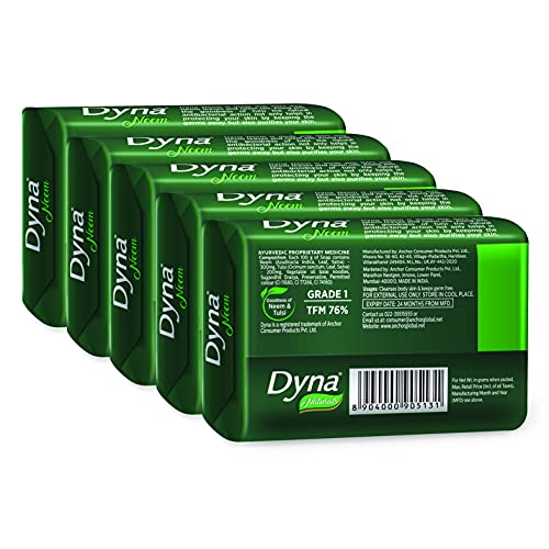 Image of Dyna Naturals Neem & Tulsi Ayurvedic Herbal Bathing Soap 100g x 5 | Grade 1 Soap with 76% TFM | Neem Oil & Tulsi Extracts for Clear, Fresh & Healthy Skin | Gentle Daily Skin Care Soap for Men & Women.