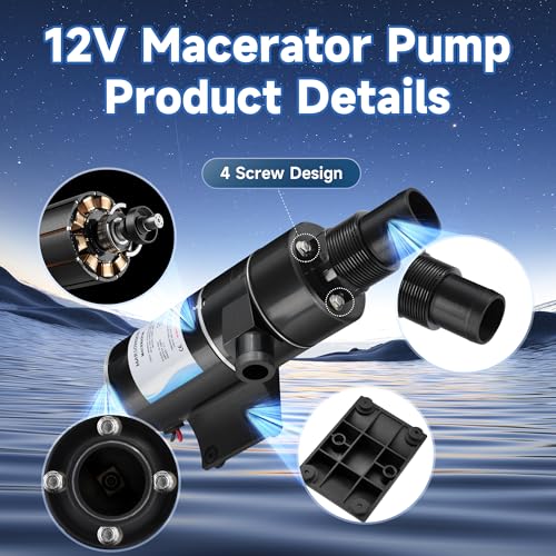 Image of 12V Macerator Pump for RV /Boat, 18590-2092, 12GPM, Self Priming Macerator Waste Pump, with Run Dry Protection, High Performance Waste Evacuation, Ideal for RV, Marine, and Household Wastewater