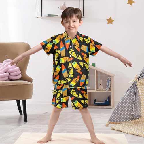 Image of Sunflower Floral Yellow Black Short Sleeve Hawaiian Button Down Shirts and Short Sets for Boys Toddler Summer Outfits