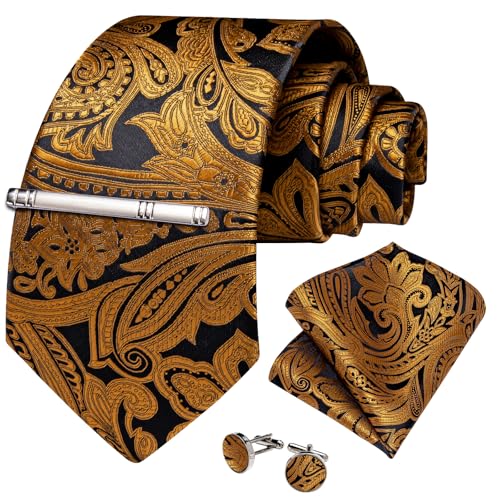 Image of DiBanGu Paisley Ties for Men Silk Necktie and Pocket Square Cufflinks Tie Clip Set Woven Classic Mens Tie for Wedding Party