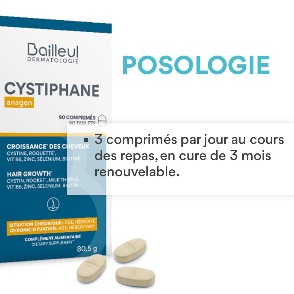 Bailleul | Cystiphane Anagen | Complemento alimenticio para el cabello | Favorece el crecimiento y la resistencia del cabello | Caída crónica del cabello | Cistina – Vitamina B6 | 3 x 90 comprimidos