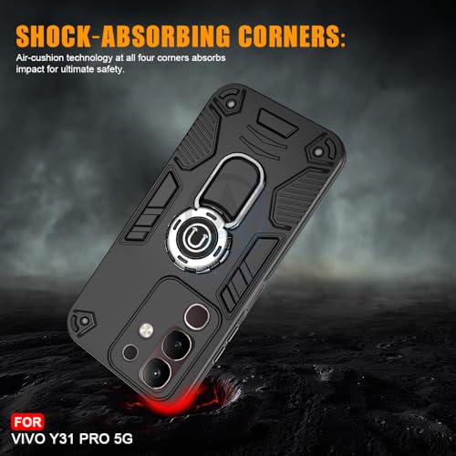 Image of AESTMO Vivo Y31 Pro 5G 5G Back Case Cover | Tough Armor Bumper | Ring Holder & Kickstand in-Built | 360 Degree Protection Cover for Vivo Y31 Pro 5G (Black)