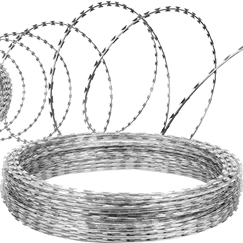VEVOR Alambre de Espino 45 m 3 Rollos de Alambre de Espino Galvanizado en Caliente Malla de Alambre Protección Anti-Intrusión Cuchillas de Espino Afiladas con Guantes Protectores para Jardín, Balcón