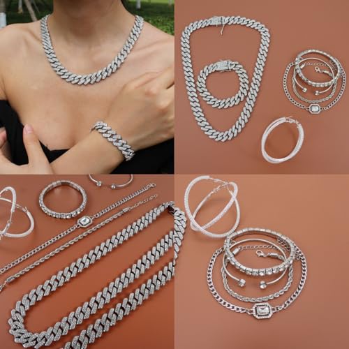 Hip Hop Cuban chain full Diamond necklace Rhinestone bracelet bracelet Gold and Silver women's Jewelry Women's earrings bracelet sets3