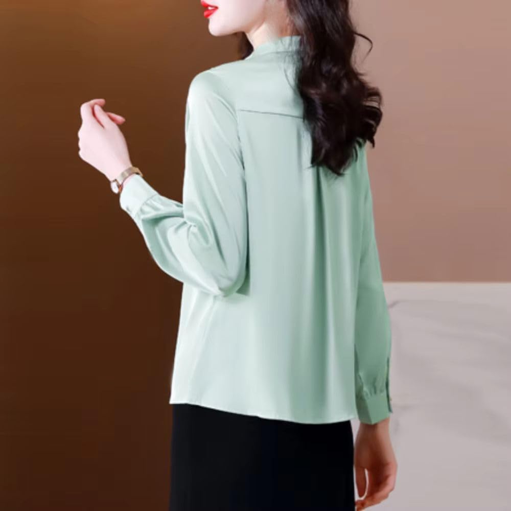 Women's Satin Embroidery Top Blouse Elegant Solid Long Sleeve Office Lady Simple Vintage Shirt