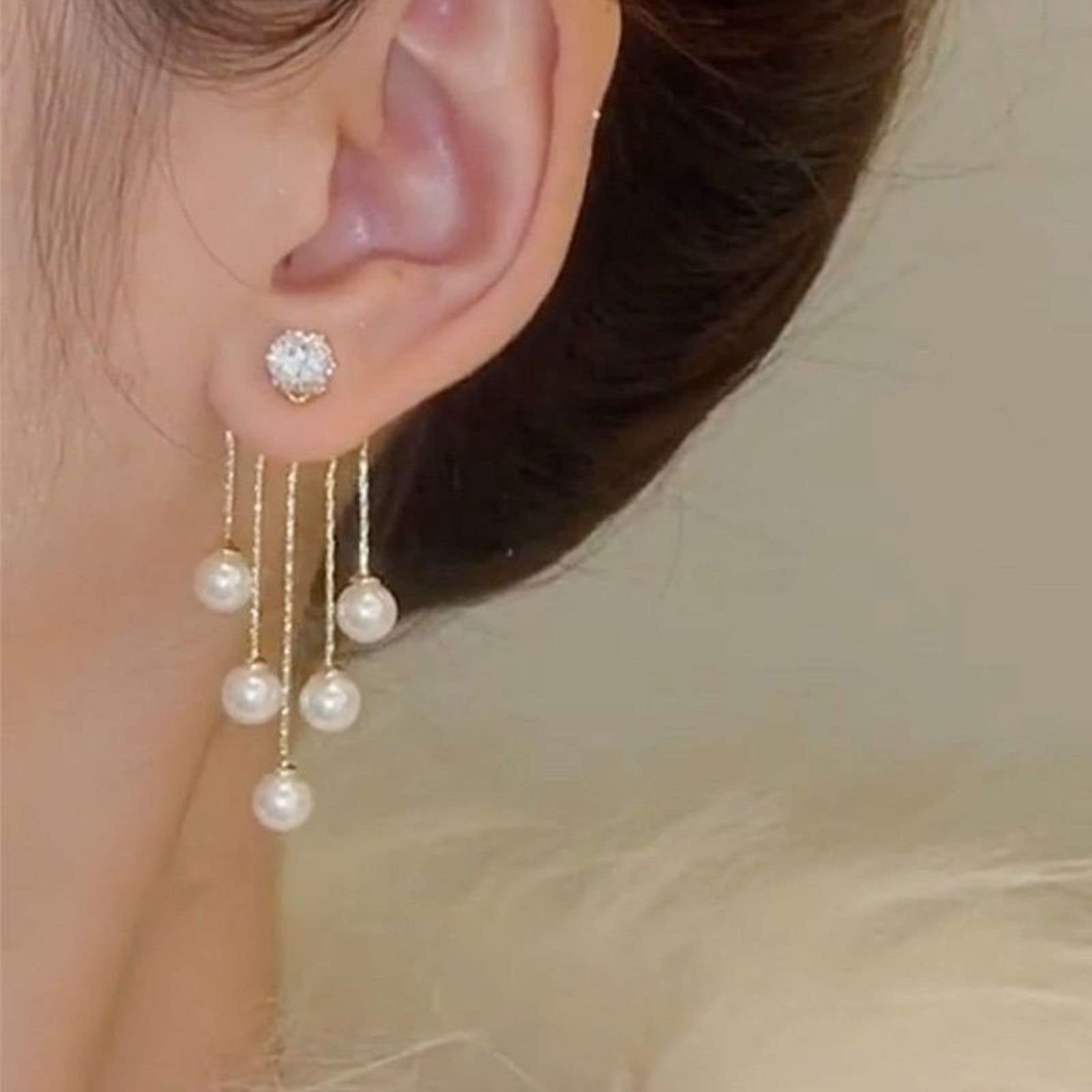 Sttiafay Vintage Crystal Pearl Drop Earrings Long Tassel Pearl Dangle Earrings Gold Cz Pearl Chain Earrings Cz Rhinestone Bridal Earrings Jewelry for Women