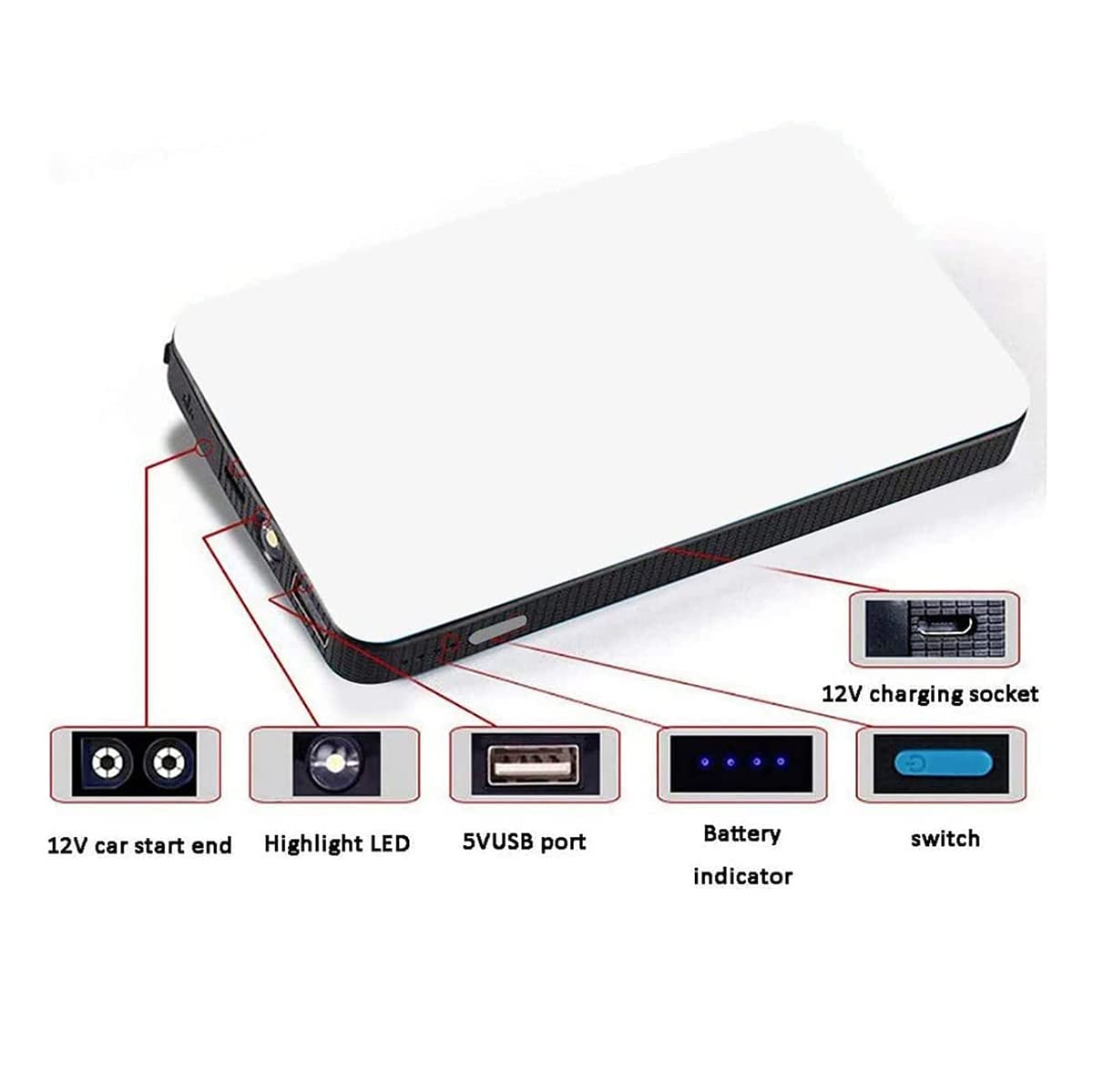 Arrancador de Coche de 20000 mAh, Dispositivo de Arranque portátil para Coche de 12 V, Cargador de Coche, arrancador de Emergencia con Pinza, Linterna LED y Cable.