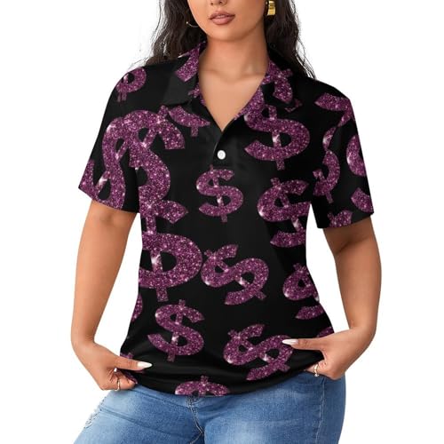 Polo de entrenamiento transpirable para mujer con purpurina morada de manga corta y cuello redondo