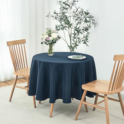 Image of maxmill Round Weaved Texture Design Tablecloth Spill-Proof Wrinkle Free Soft Washable Table Cloth for Circular Table Cover, for Dining Room Buffet Banquet Parties Holiday Dinner, 70 Inch Navy Blue