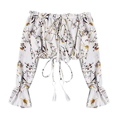LOPILY Women's Chiffon Shirt Tassel Drawstring T-Shirt Solid Color Summer Tops Off The Shoulder Lantern Sleeve Pleated Bandeau Tee(White,XL) Cover