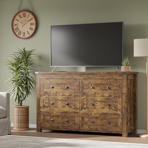 Image of BORNOON 6-Drawer Dresser, Modern Wooden Storage Chest of Drawers, Dresser TV Stand, Wood Drawer Organizer with Metal Handles for Bedroom, Living Room, Hallway