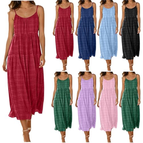 Image of Zeiayuas Holiday Plaid Dress for Women UK Spaghetti Strap Summer Maxi Dresses Elegant Strappy Gingham Dress Bohemian Beach Holiday Vacation Flowy Long Dresses Wine