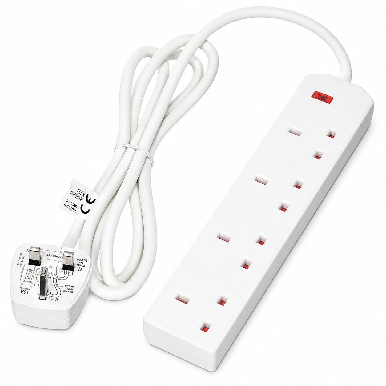 1ABOVE 4 Gang 2M White Extension Lead UK Plug Multi Socket Strip