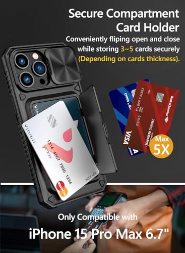 Image of Vihibii for iPhone 15 Pro Max Case with Card Holder (4 Cards) & Slide Camera Cover & Kickstand, Military Grade Drop Protection, Rugged Hard Back & Wallet Back Case, 6.7 inch 2023, Black