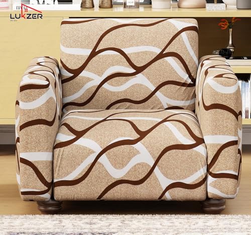 Image of Lukzer 1 Seater Beige Lining Design Universal Sofa Cover | 360 Fully Covered Anti-Slip Washable Couch Cover Protecter | 140 GSM Stretch Fit Polyester + Spandex Slipcover (90-140cm /SC-021-01)