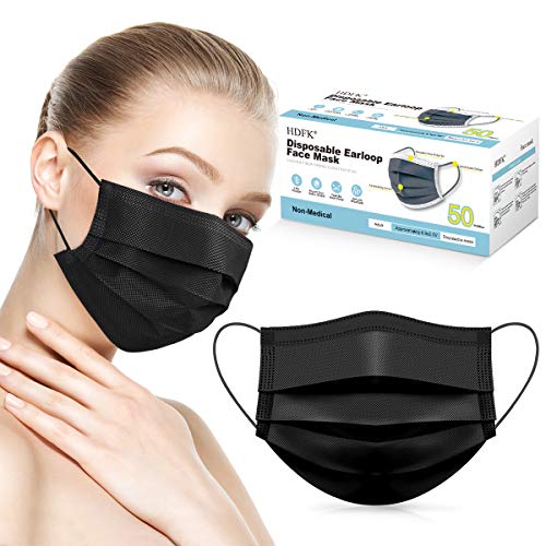 Face Mask HDFK Disposable Face Mask for Adults 3Ply Black Face Masks with Ear Loop, Dust Protective Breathable Facial Safety Mask for School Office Outdoor 50 Pack Black