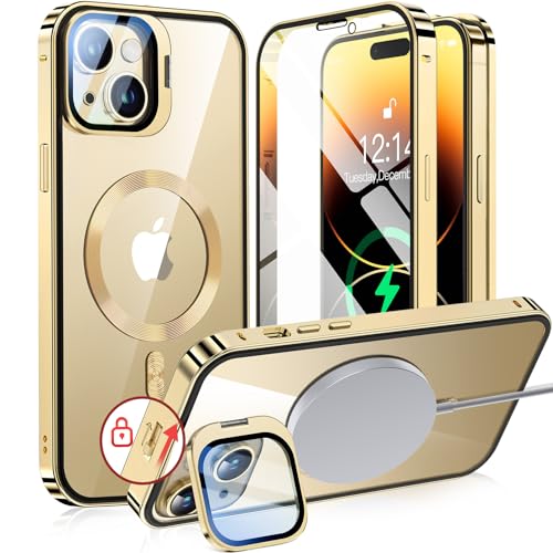 【カメラレンズ保護・スタンド一体】NIANGUO iPhone14 用 カバー MagSafe対応 クリア 両面 【ロック付き・アクションボタン】 隠しカメラスタンド アイホン14ケース 9H強化ガラス メタルフレーム ストラップホール付き 画面感度良い ワイヤレス充電対応 あいふぉん14 用 ケース 6.1インチ(ゴールド)