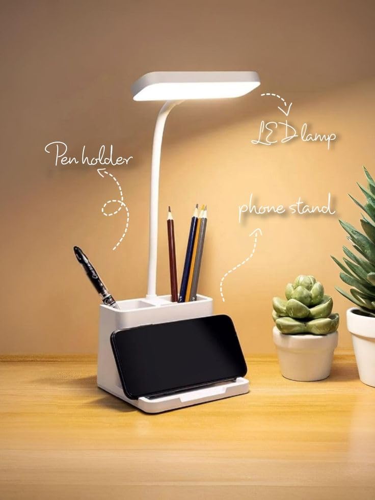 LED Desk Lamp with Pen Holder and Phone Stand, Multifunctional Table Lamp, White-image-7