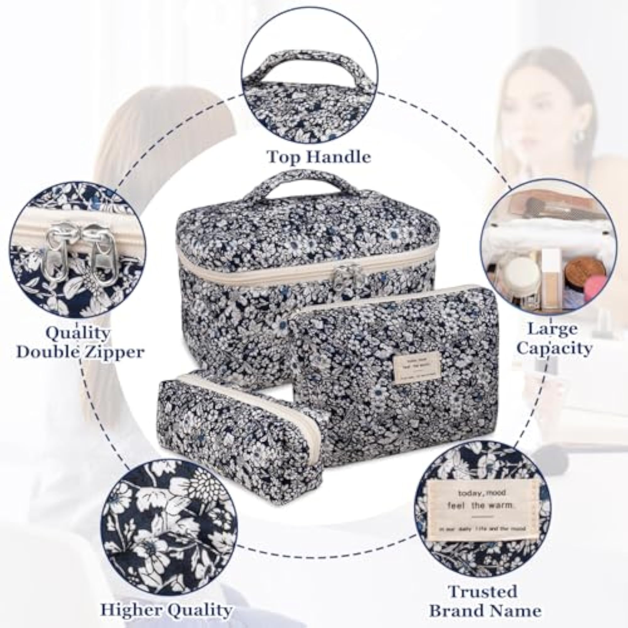 Large Floral Quilted Makeup Bag Set for Women