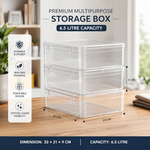 Image of Plastic Storage Boxes Pack of 3 - Transparent Lockable Containers for Jewellery, Medicines, Toys & Home Essentials - 6500 ML Large Capacity (33x21x9 cm, Size No. 99)