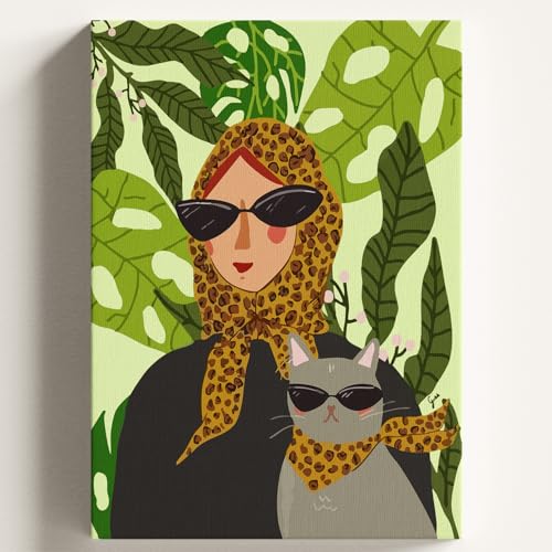 Sayılarla Boyama Tuval Hobi Seti, Komik Kedi Temalı Fırça ve Boya Dahil Set (Çıtalı) 40x50 CM, Kendin Yap Sayılarla Tuval Boya Kiti (Kasnaklı)