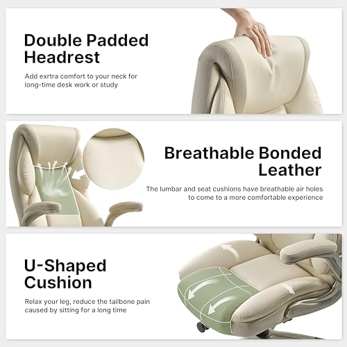 Executive Office Chair with Flip Up Arm Rest and Headrest, PU Leather, High Back, Beige