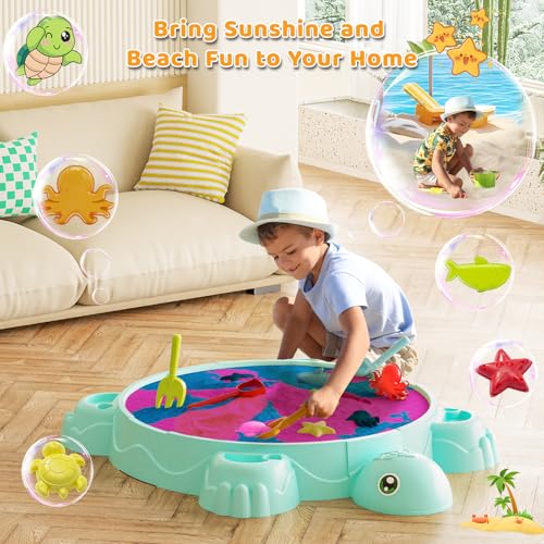 Sandbox with Lid, Kids Turtle Sand Box with Sand Molds and Shovels Set for Sensory Play, Toddler Outdoor Indoor Toys for Boys Girls Ages 3+