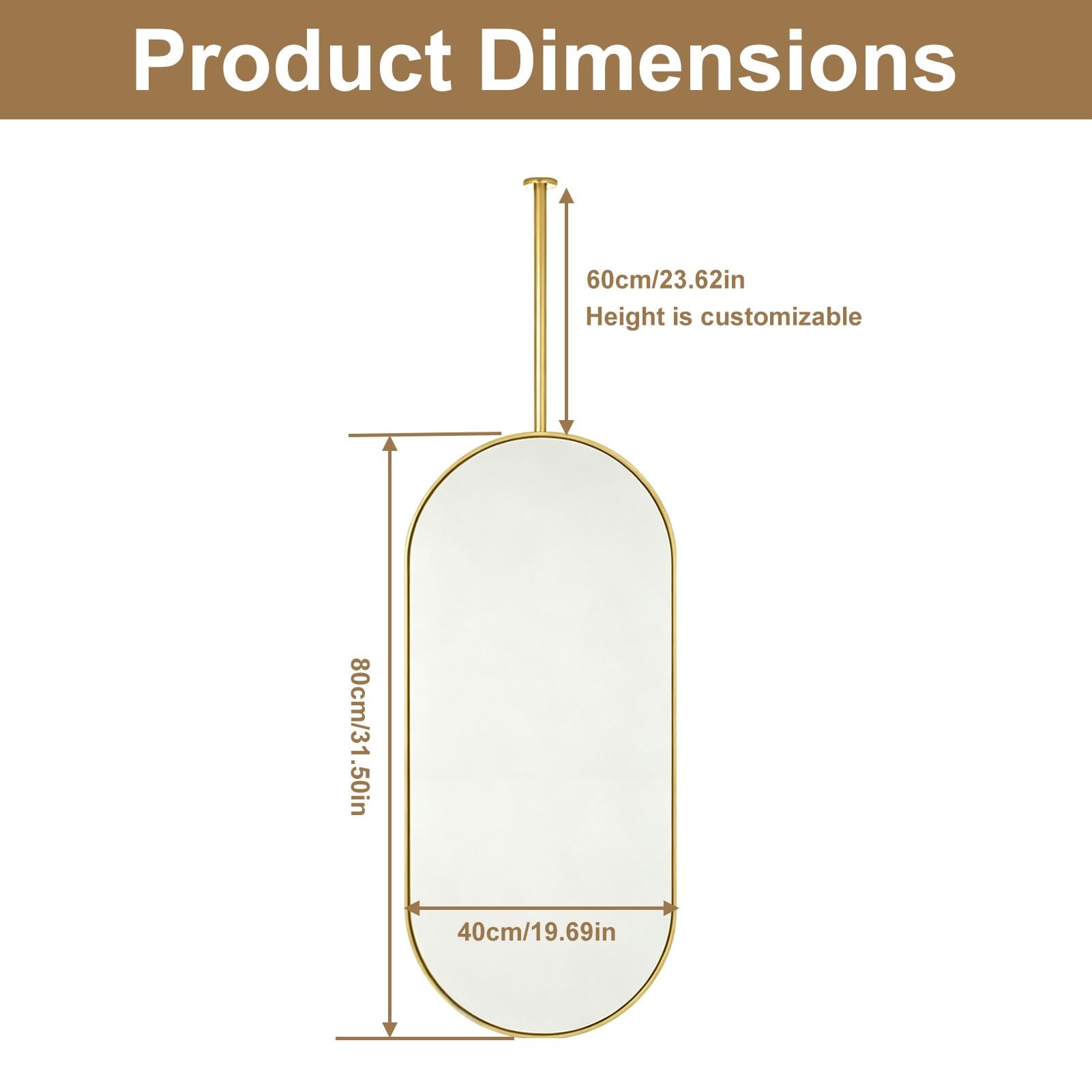 Miroirs de rasage vanité de salle de bains avec tige suspendue au plafond | Miroir monté au plafond avec cadre et flèche en acier inoxydable brossé(Gold,40cmx80cm)