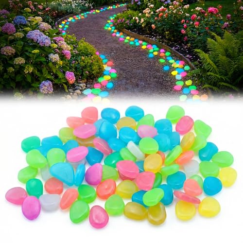 300PCS Outdoor Luminous Stones for Glow in the Dark Walkways Garden River Pebbles Artificial Landscape Rocks for Driveway Walkway Stepping Stone Paths with Natural Look (Mix-300pcs)