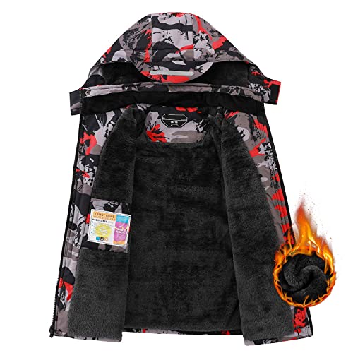 Afilok Boy's Ski Jacket Waterproof Breathable Kids Fleece Lined Windproof Hooded Snowboard Coats(Red Camouflage 14-16) #TOP2