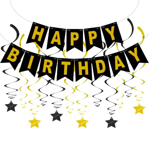 Image of BEISHIDA Black Gold Happy Birthday Banner with Stars for Kids Women Men Birthday Decor